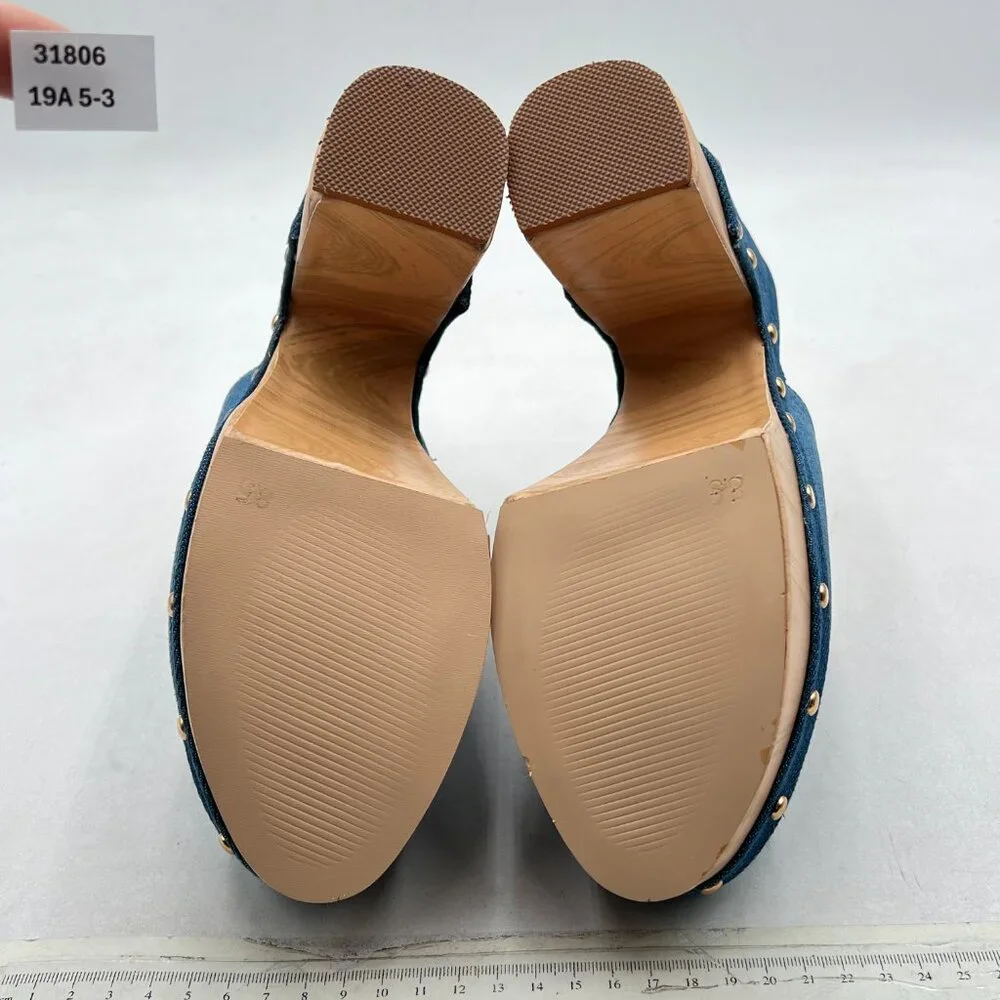 FSJ Blue Denim Round Toe Mules High Chunky Heel Slip On Platform Wooden Sandal - Picture 7 of 8